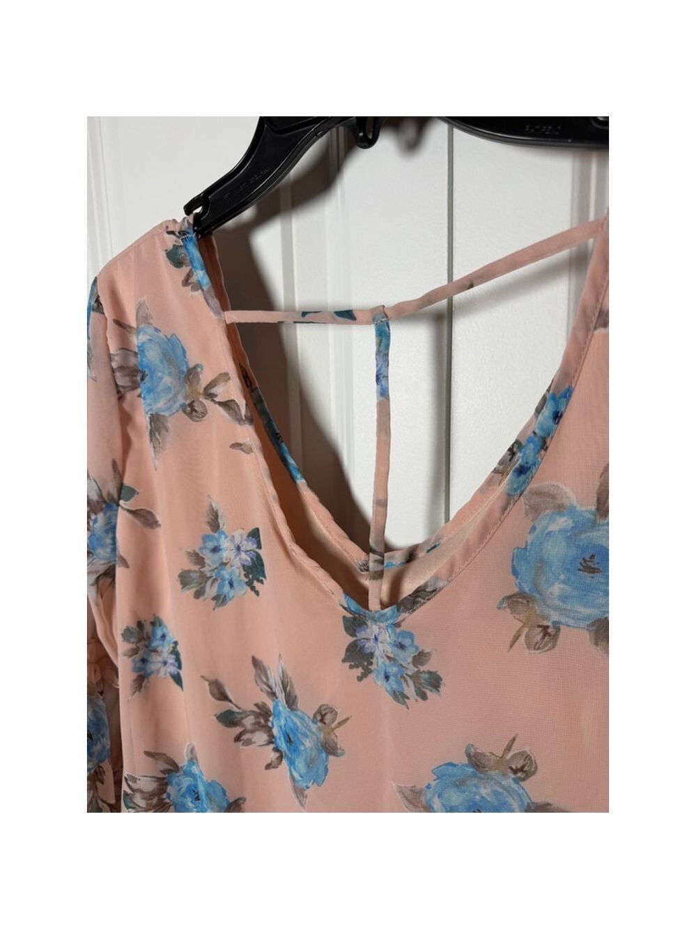 Pink Floral Blouse with Blue Flowers, Size L - Picture 2 of 8